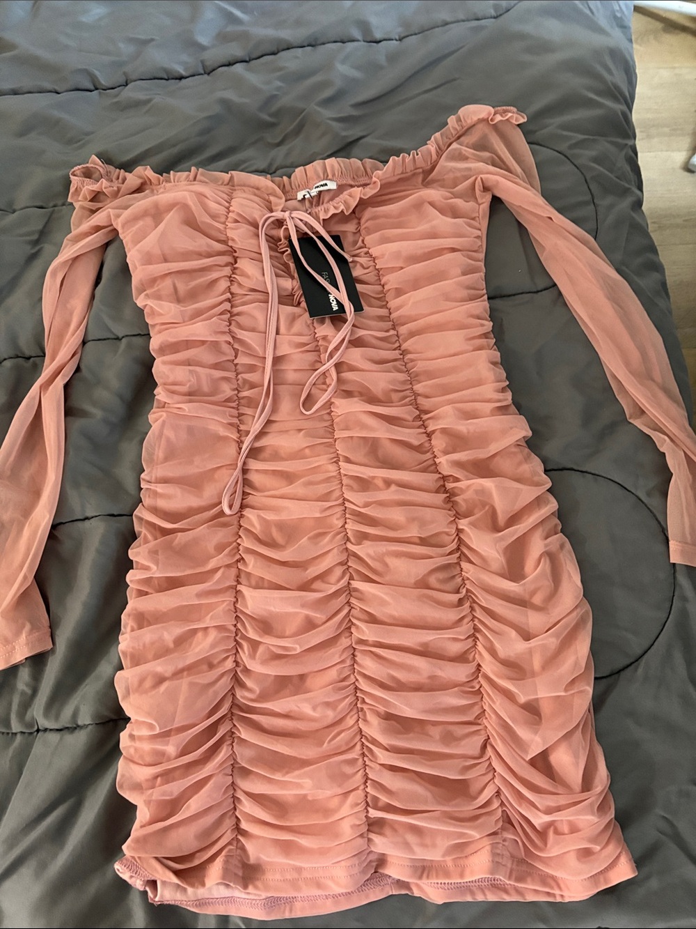 Fashion Nova Ruched Off-Shoulder Dusty Pink Long Sleeve Dress